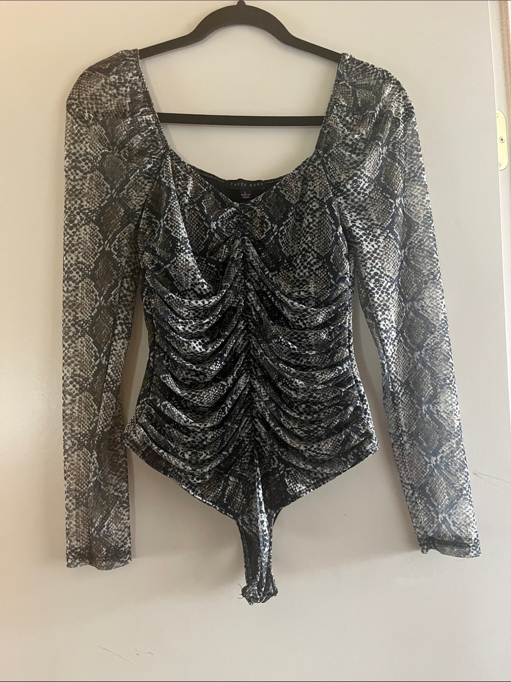 Ruched Snake-Print Long Sleeve Bodysuit - Black & Gray